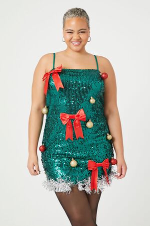 GREEN/MULTI Plus Size Sequin Christmas Tree Dress, image 2