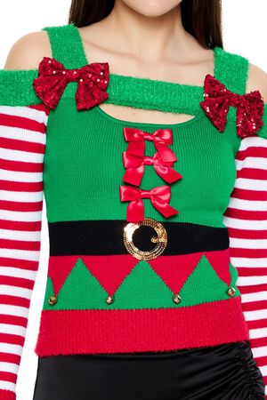 GREEN/MULTI Elf Open-Shoulder Sweater, image 3