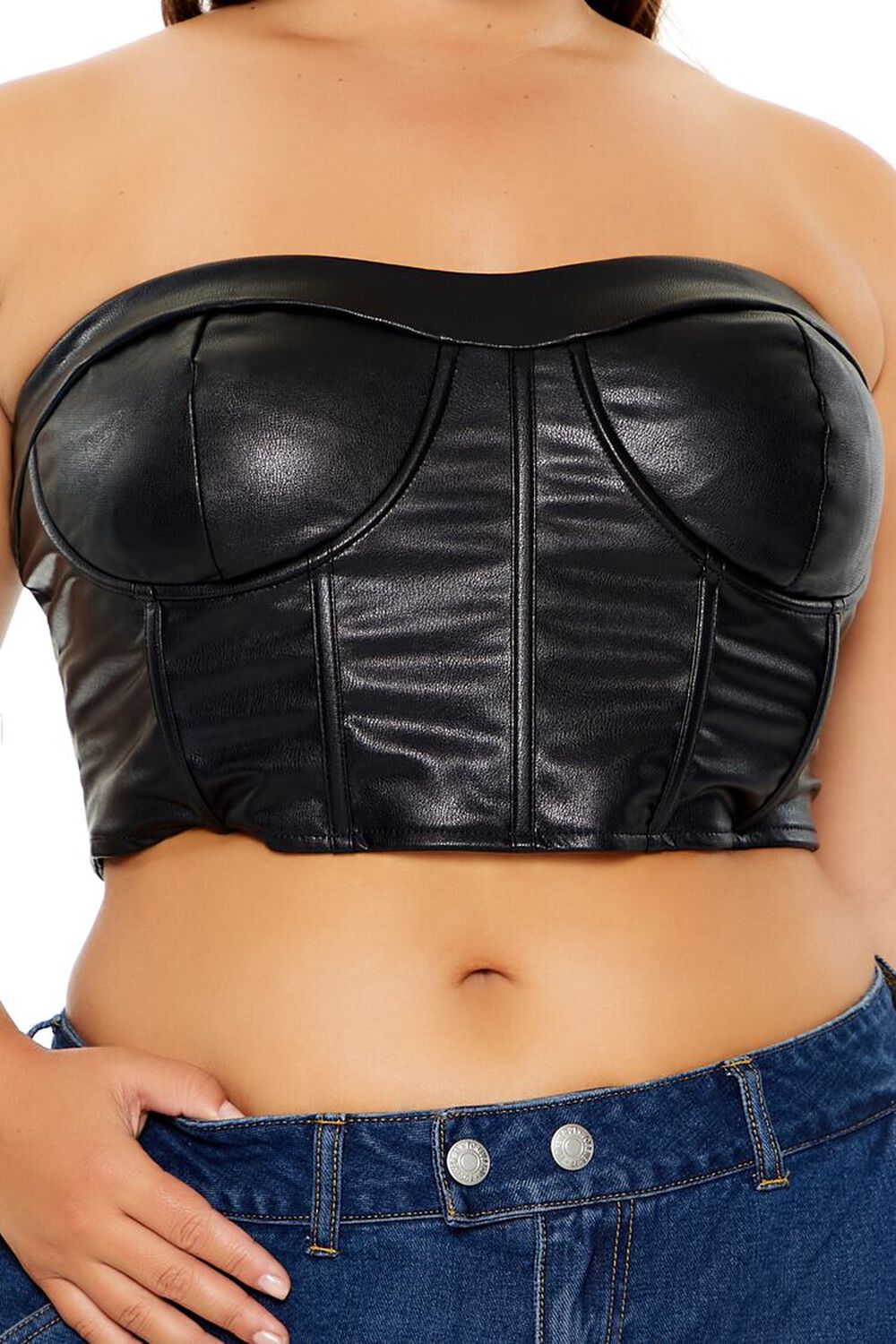 BLACK Plus Size Faux Leather Tube Top, image 3