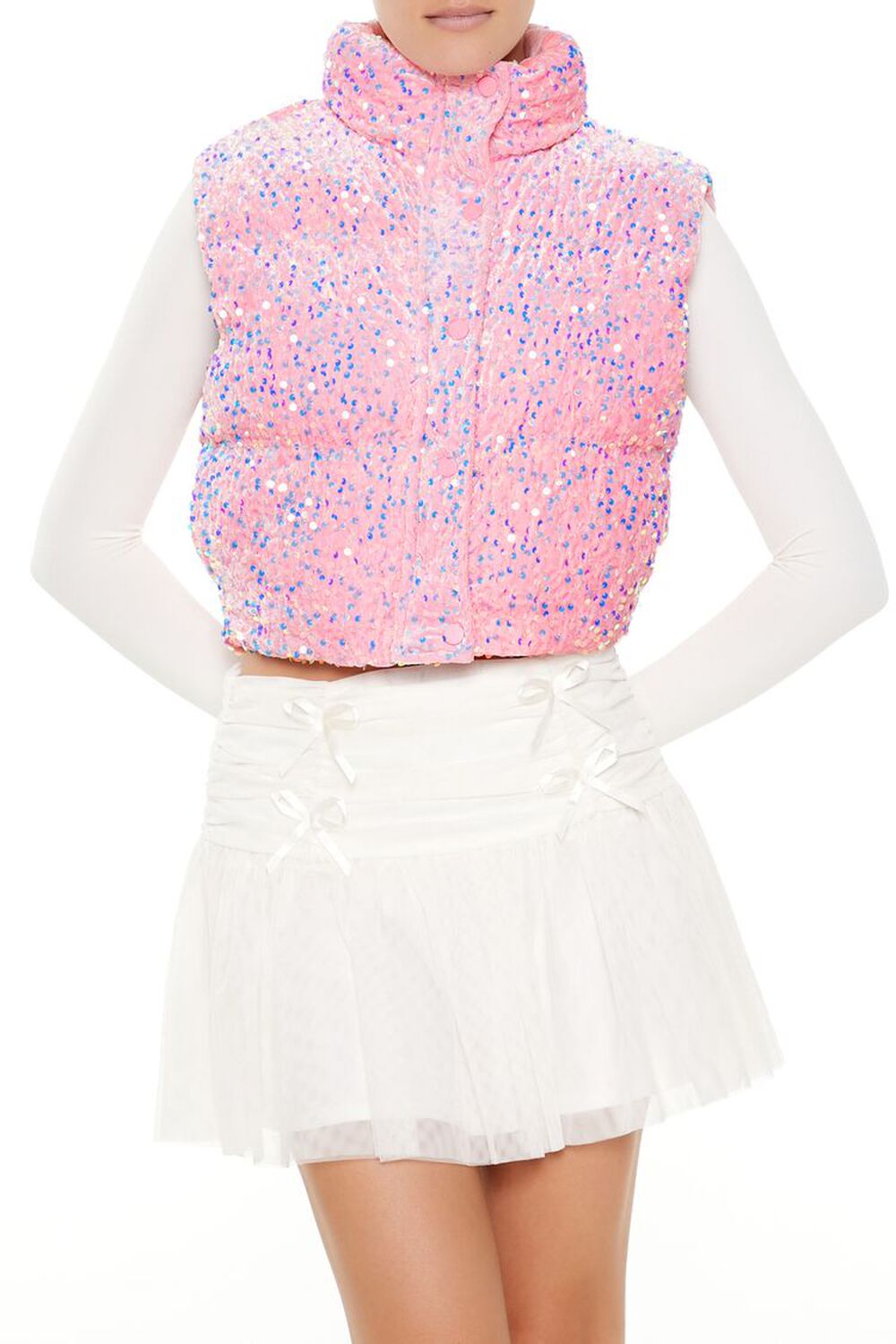 PINK Iridescent Sequin Faux Fur Vest, image 1
