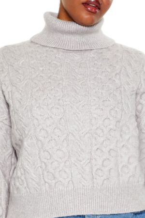 LIGHT GREY Plus Size Cable Knit Turtleneck Sweater, image 3