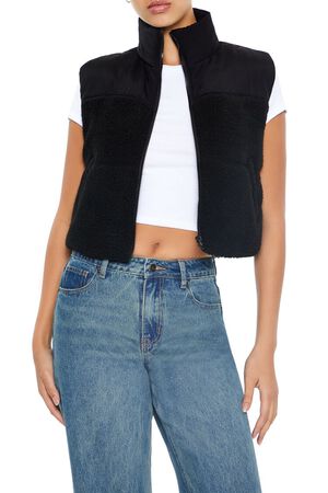BLACK Cropped Faux Shearling Vest, image 1