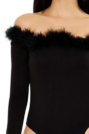 BLACK Faux Feather-Trim Off-the-Shoulder Bodysuit, image 3