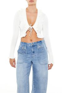 WHITE Ruffle-Trim Cardigan Sweater, image 1