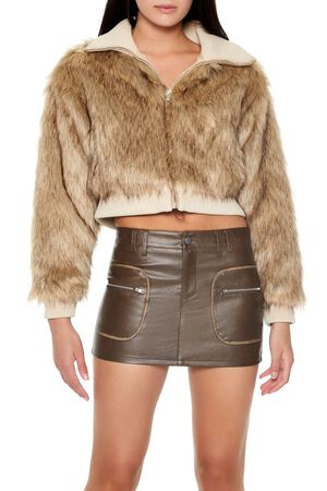 TAN/MULTI Cropped Faux Fur Bomber Jacket, image 1