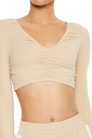 DESERT SAND Active Ruched V-Neck Crop Top, image 3