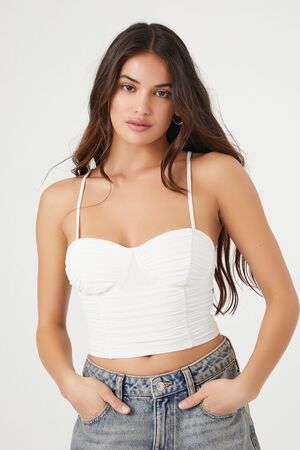 WHITE Ruched Mesh Cropped Cami, image 1