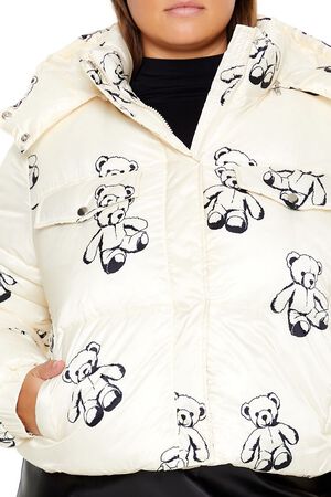 CREAM/MULTI Plus Size Teddy Bear Print Puffer Jacket, image 3