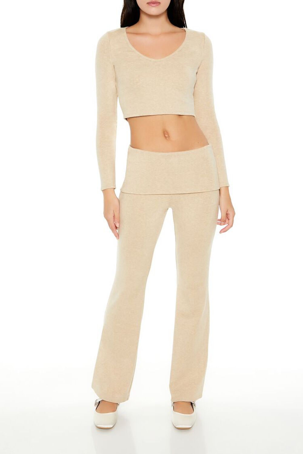 OATMEAL Mid-Rise Foldover Flare Pants, image 1