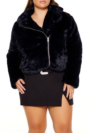 BLACK Plus Size Notched Faux Fur Coat, image 1