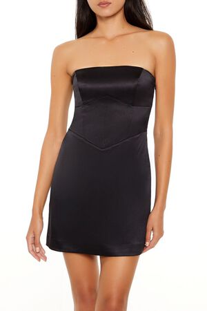 EMERALD Strapless Satin Lace-Up Mini Dress, image 2