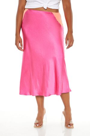 DUSTY PINK/CORAL Plus Size Satin Midi Slip Skirt, image 2