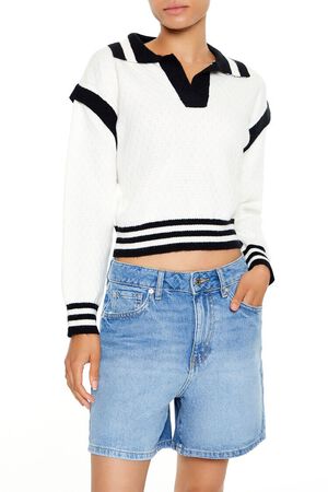 WHITE/BLACK Varsity-Striped Cropped Sweater, image 1
