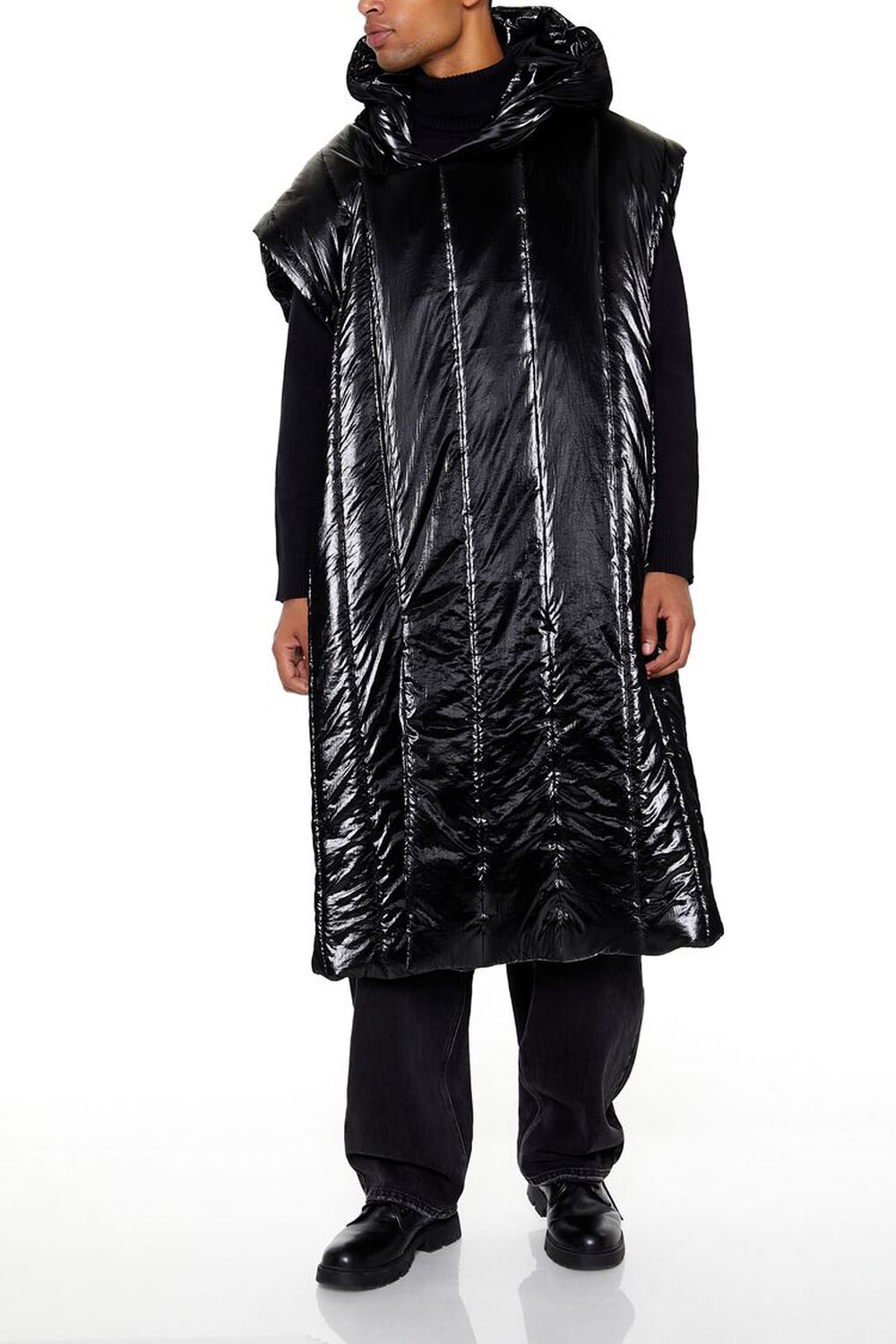 BLACK Hooded Longline Puffer Vest, image 1