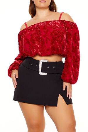 DARK RED Plus Size Paisley Open-Shoulder Top, image 1