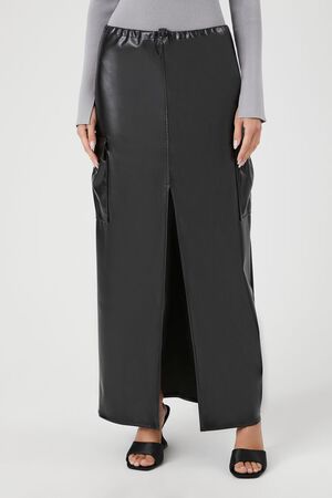 BLACK Faux Leather Toggle Drawstring Midi Skirt, image 2