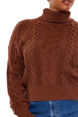 BROWN Plus Size Cable Knit Turtleneck Sweater, image 3