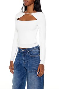 WHITE Faux Gem Cutout Sweater, image 4