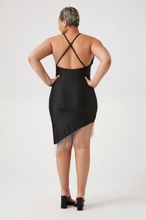 BLACK Plus Size Satin Asymmetrical Fringe Dress, image 3
