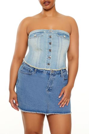 MEDIUM DENIM Plus Size Stretch-Denim Tube Top, image 1