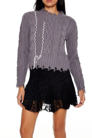 GREY/MULTI Distressed Cable Knit Sweater, image 1