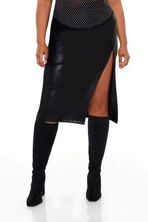 BLACK Plus Size Faux Leather Midi Skirt, image 2