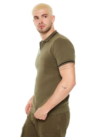 OLIVE/BLACK Sweater-Knit Zip-Up Shirt, image 2