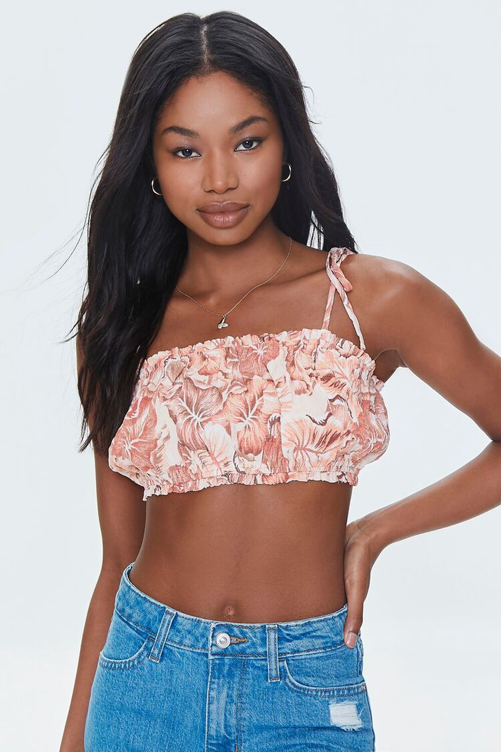 PEACH /MULTI Tropical Leaf Print Cropped Cami, image 1