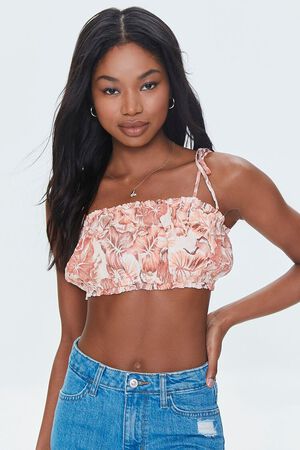 PEACH /MULTI Tropical Leaf Print Cropped Cami, image 1
