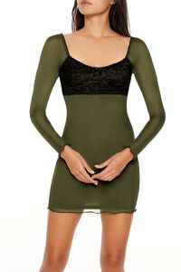 OLIVINE /BLACK Lace & Mesh Combo Mini Dress, image 2