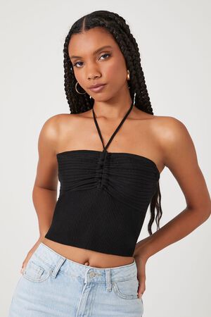 BLACK Sweater-Knit Halter Crop Top, image 1