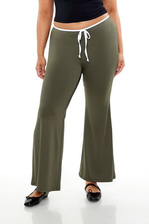 OLIVE/WHITE Plus Size Tie-Waist Flare Leggings, image 2