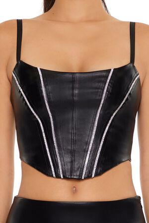 BLACK/SILVER Rhinestone Faux Leather Bustier Cami, image 3