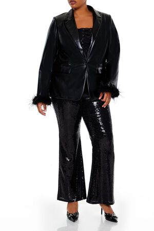 BLACK Plus Size Faux Feather Blazer, image 2