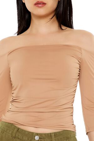 CAMEL Ruched Off-the-Shoulder Crop Top, image 3