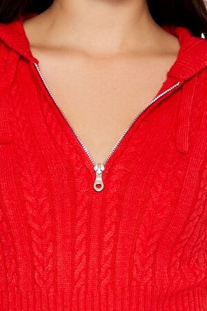 RED Hooded Cable Knit Zip-Up Romper, image 3