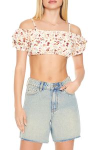 COPPER/MULTI Floral Print Open-Shoulder Crop Top, image 5