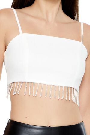 WHITE Beaded Tassel-Trim Cropped Cami, image 3