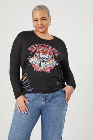 BLACK/MULTI Plus Size Rock N Roll Slashed Tee, image 1