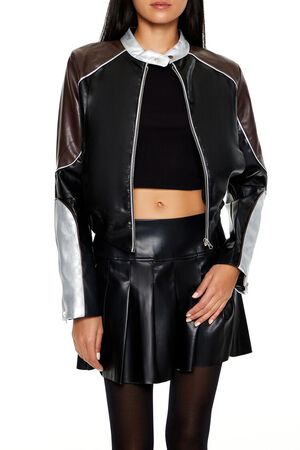 BLACK Metallic Colorblock Moto Jacket, image 1