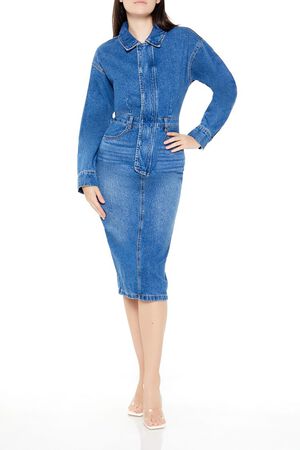 MEDIUM DENIM Denim Button-Front Midi Dress, image 1