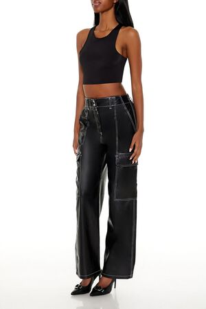 BLACK Faux Leather Cargo Pants, image 3