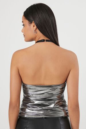 SILVER Metallic Ruched Halter Top, image 3