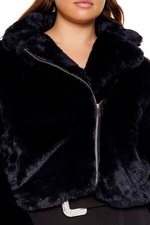 BLACK Plus Size Notched Faux Fur Coat, image 3