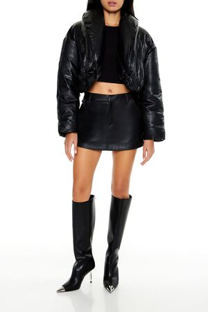 BLACK Faux Leather Cropped Puffer Jacket, image 2