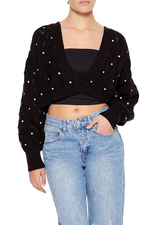 WHITE Faux Gem Cropped Cardigan Sweater, image 1