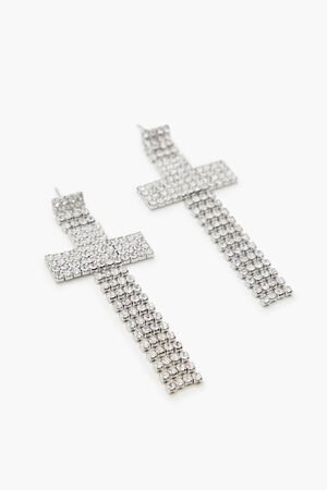 SILVER Rhinestone Cross Drop Earrings, image 2