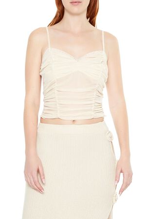 TAUPE Lace-Trim Ruched Mesh Cami, image 1