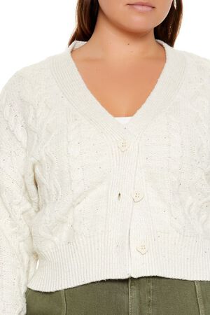 CREAM/MULTI Plus Size Cable Knit Cardigan Sweater, image 3