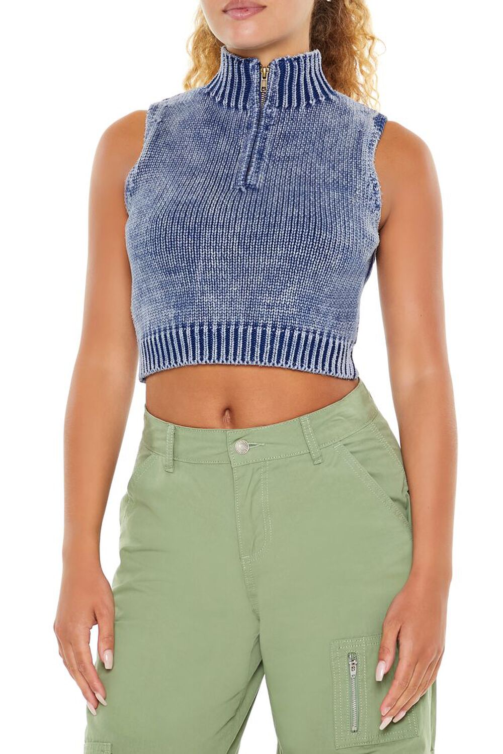 BLUE/MULTI Cropped Half-Zip Sweater Vest, image 1